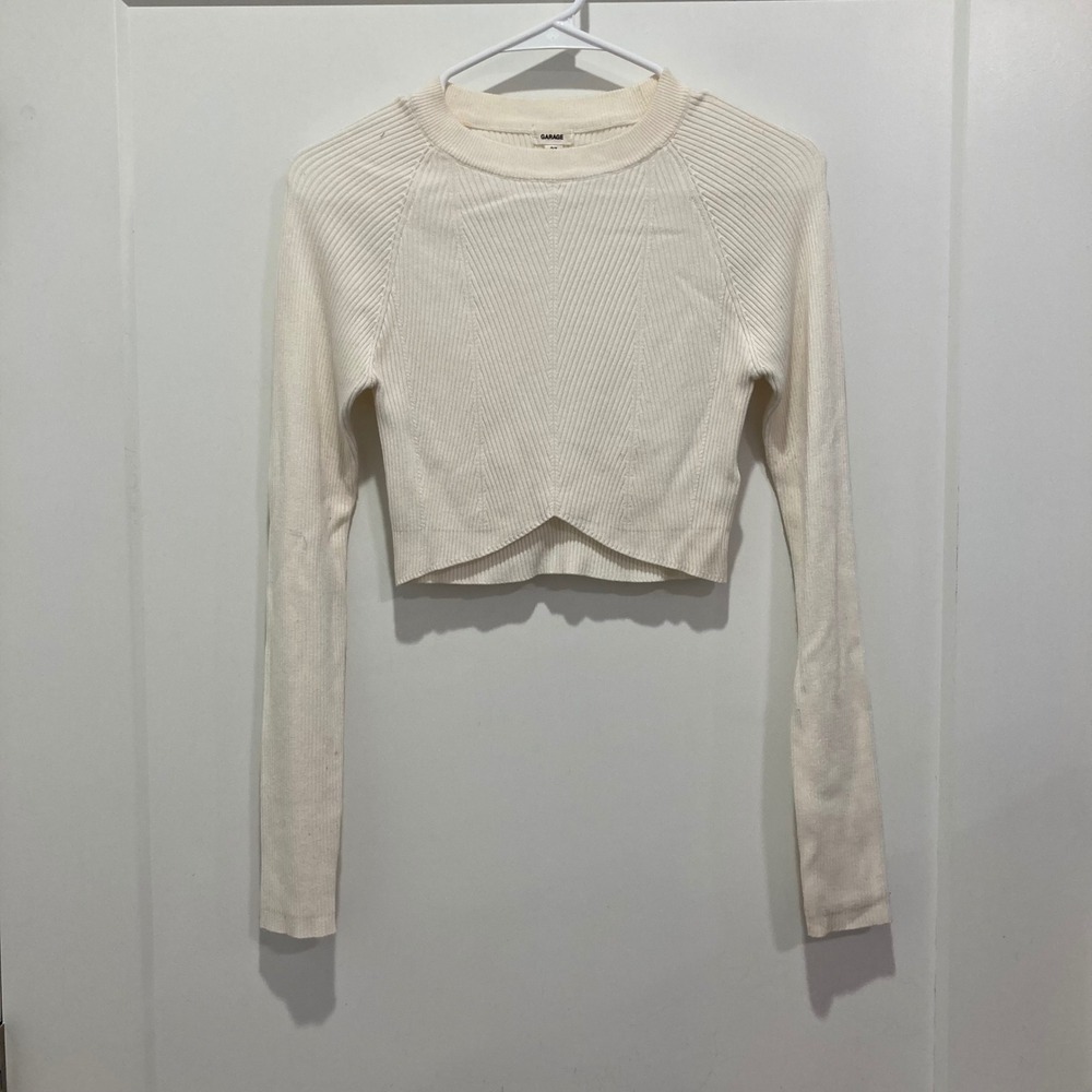 Garage White Ribbed Long Sleeve Cropped Sweater Wrap Hem P/S
